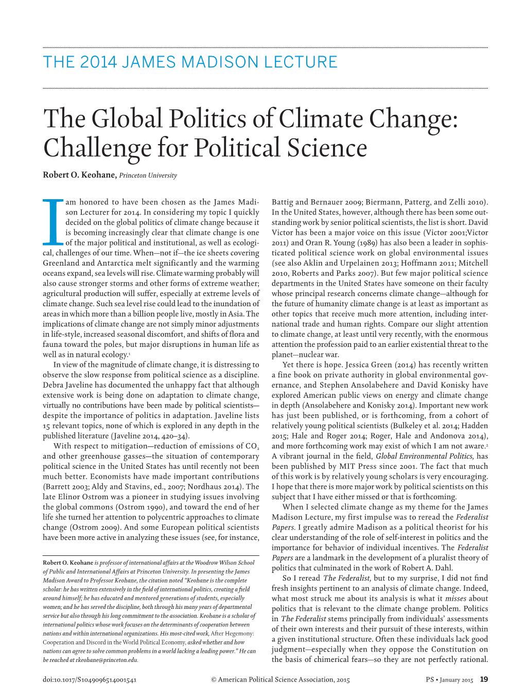 The Global Politics of Climate Change: Challenge for Political Science