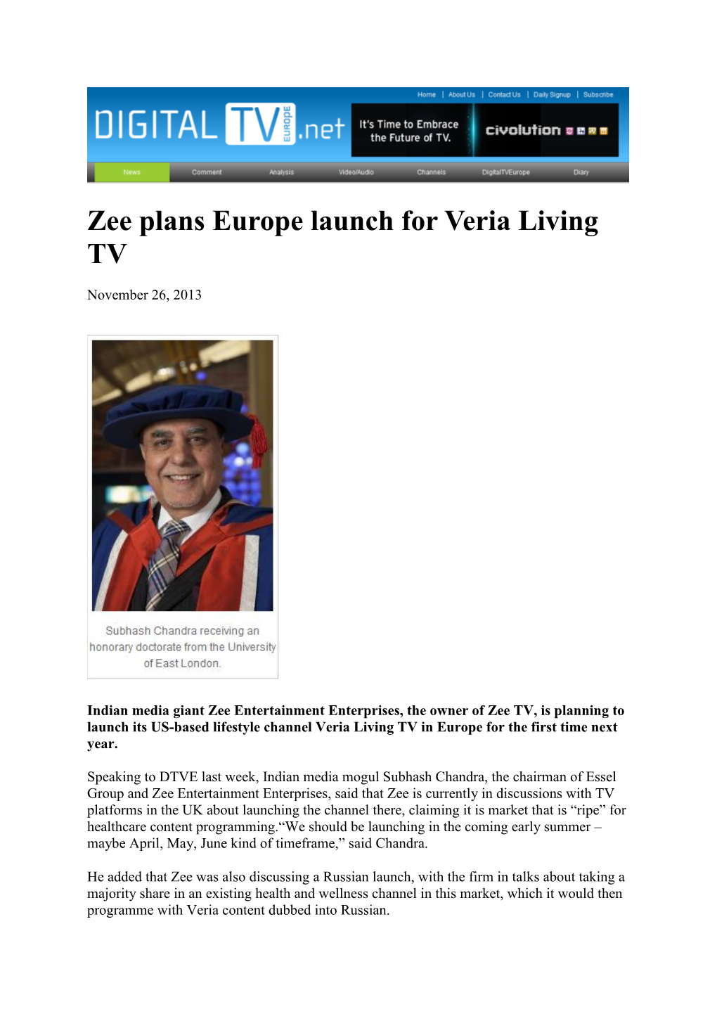 Zee Plans Europe Launch for Veria Living TV