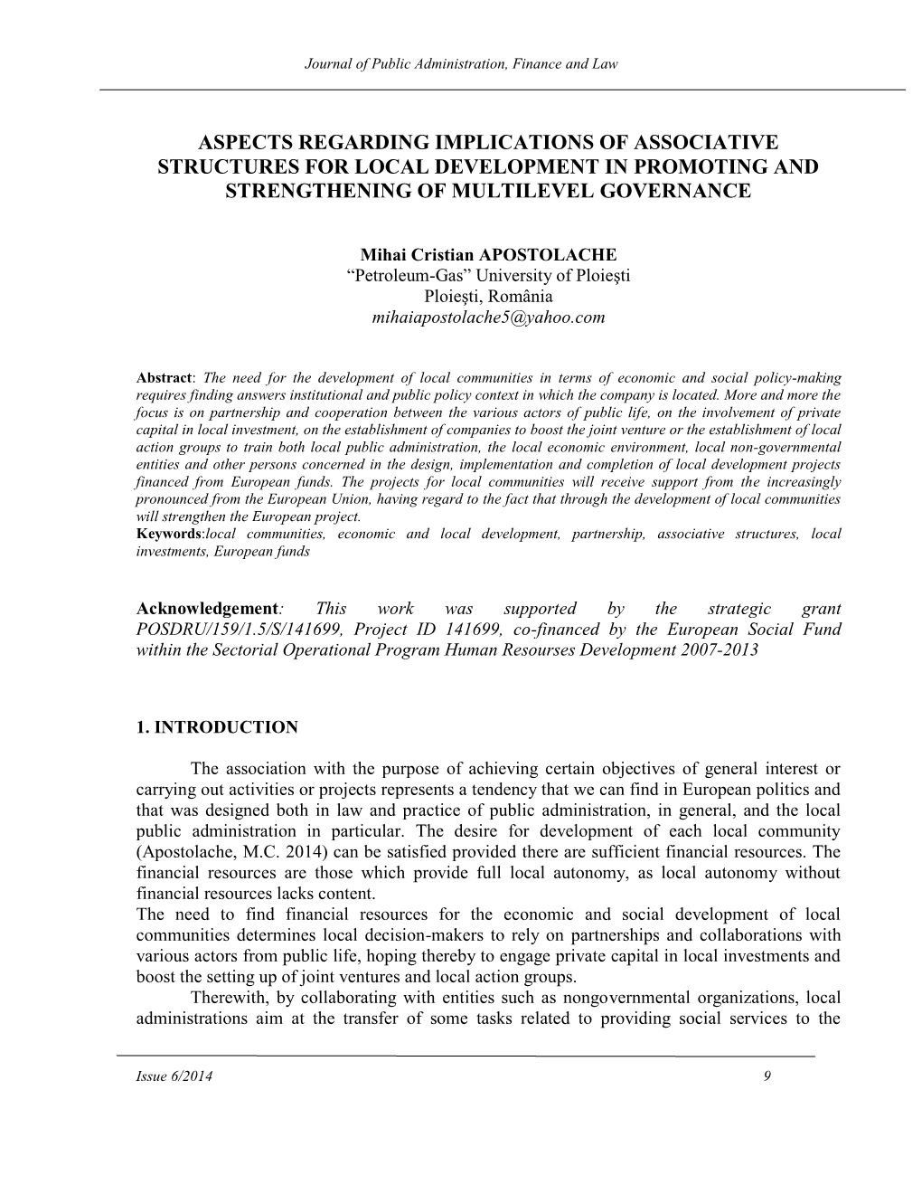 Aspects Regarding Implications of Associative Structures for Local Development in Promoting and Strengthening of Multilevel Governance