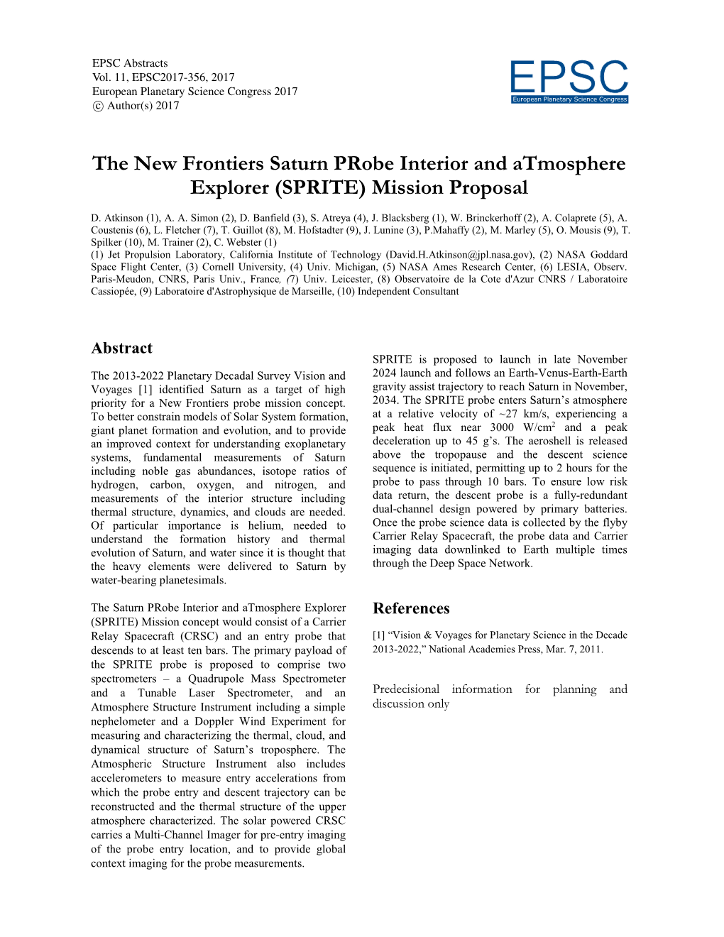 The New Frontiers Saturn Probe Interior and Atmosphere Explorer (SPRITE) Mission Proposal