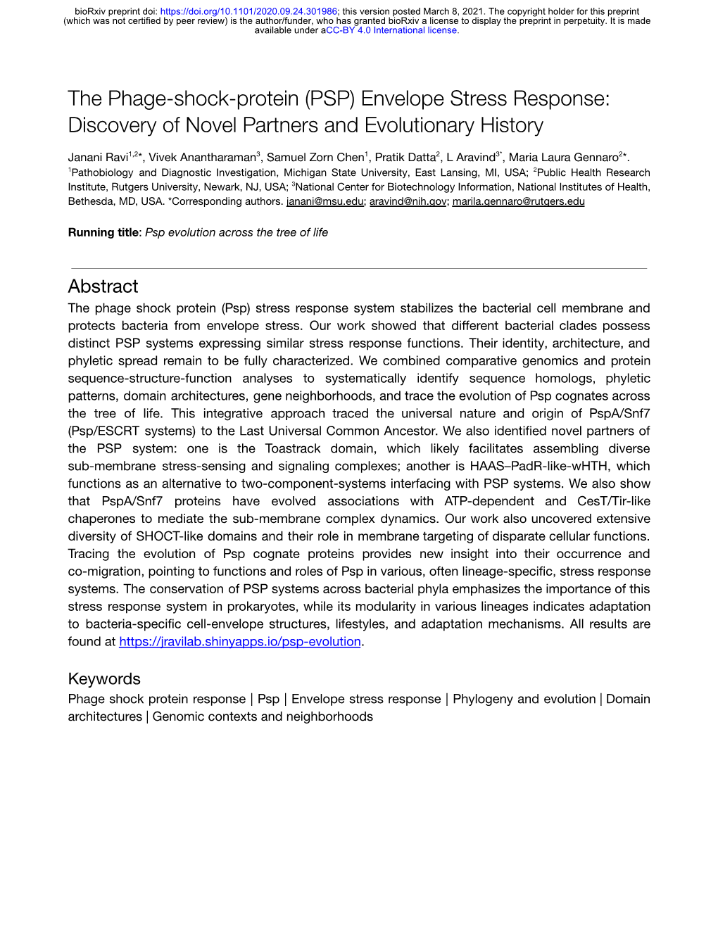 The Phage-Shock-Protein (PSP) Envelope Stress Response: Discovery of Novel Partners and Evolutionary History