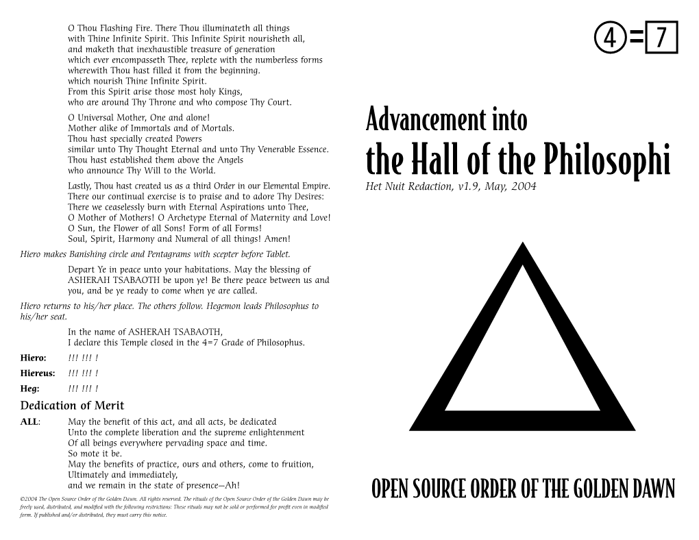 The Hall of the Philosophi Lastly, Thou Hast Created Us As a Third Order in Our Elemental Empire