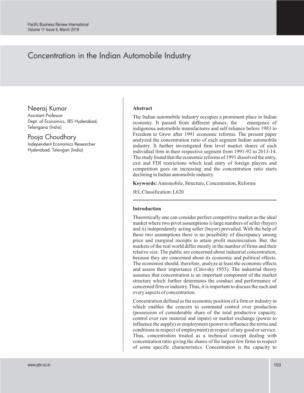 Concentration in the Indian Automobile Industry
