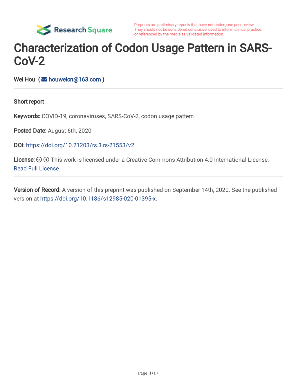 Characterization of Codon Usage Pattern in SARS- Cov-2