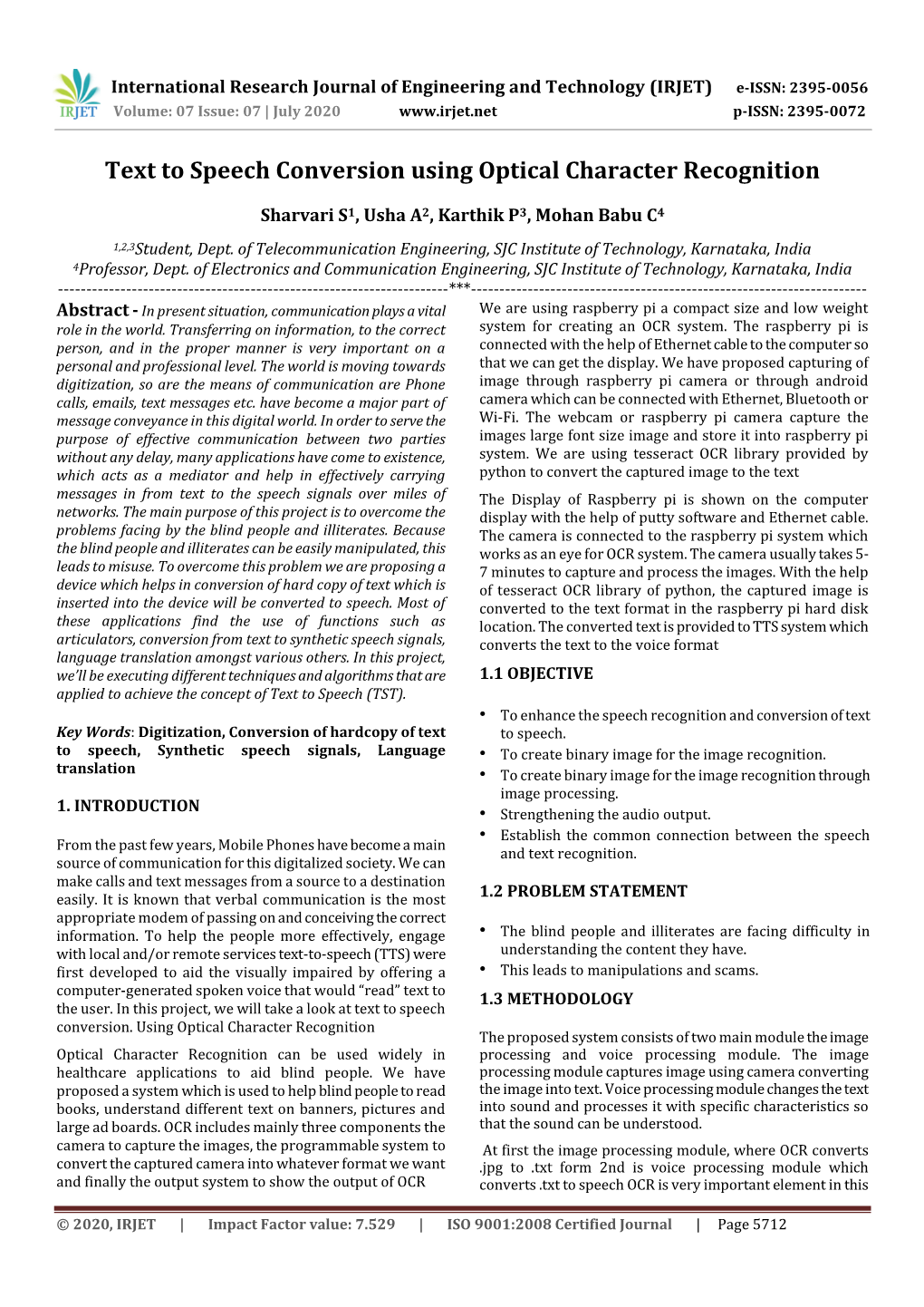 Text to Speech Conversion Using Optical Character Recognition