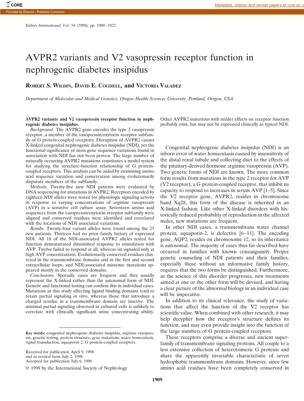 AVPR2 Variants and V2 Vasopressin Receptor Function in Nephrogenic Diabetes Insipidus