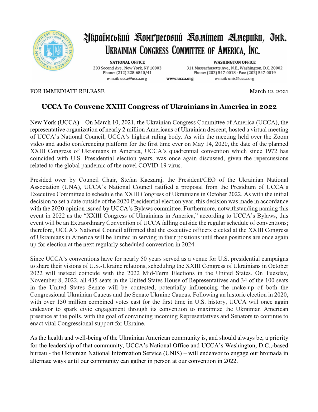 XXIII Congress of Ukrainians in America in 2022