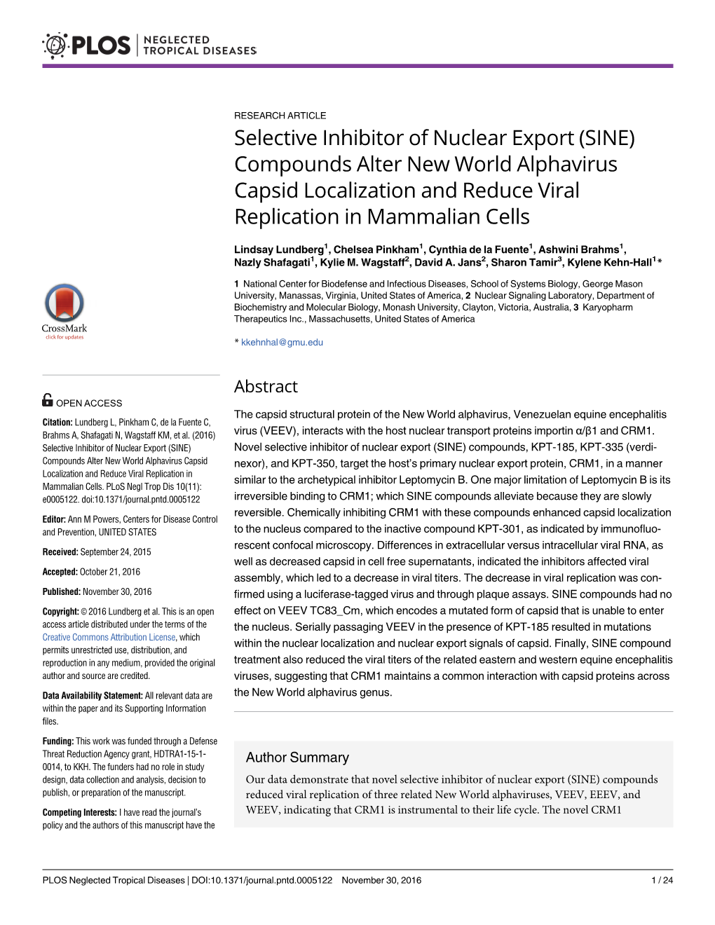 Selective Inhibitor of Nuclear Export (SINE) Compounds Alter New World Alphavirus Capsid Localization and Reduce Viral Replication in Mammalian Cells