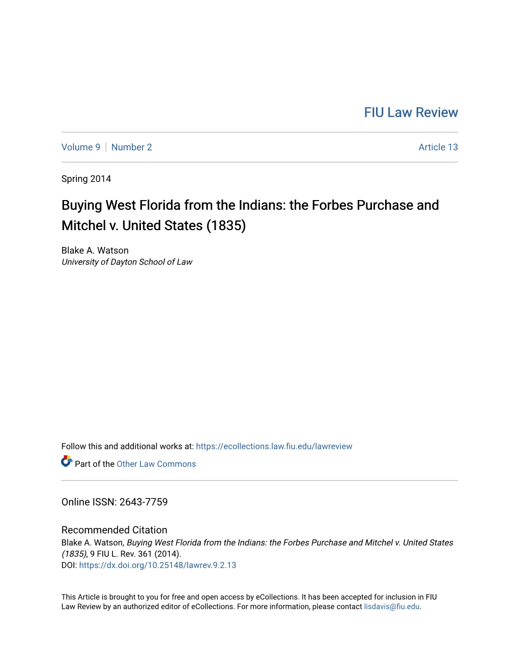 Buying West Florida from the Indians: the Forbes Purchase and Mitchel V