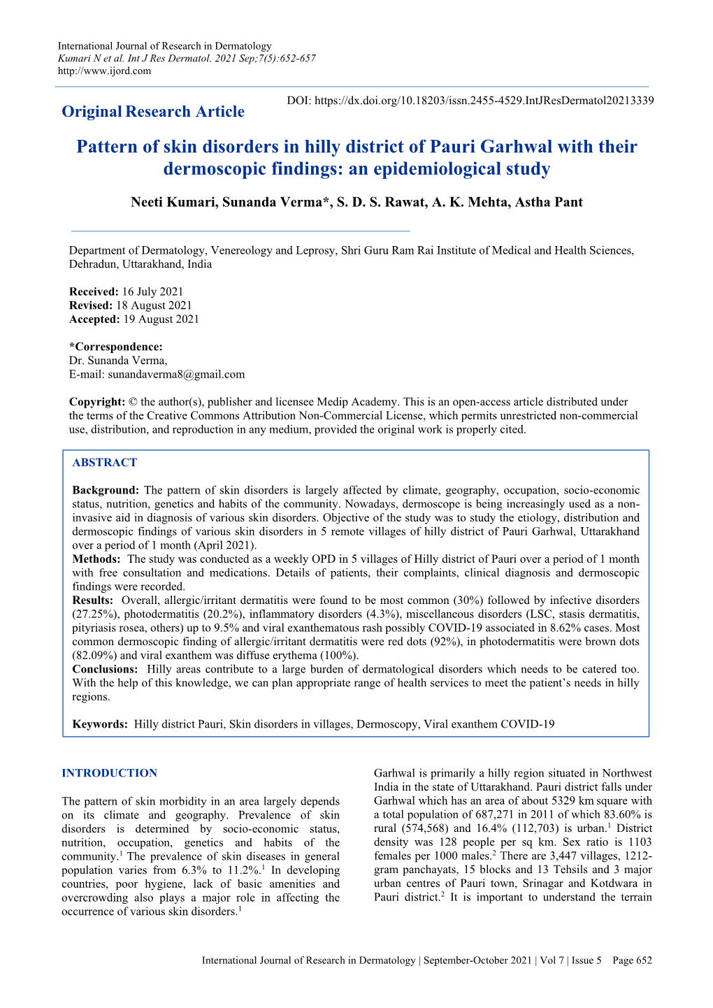 Pattern of Skin Disorders in Hilly District of Pauri Garhwal with Their Dermoscopic Findings: an Epidemiological Study