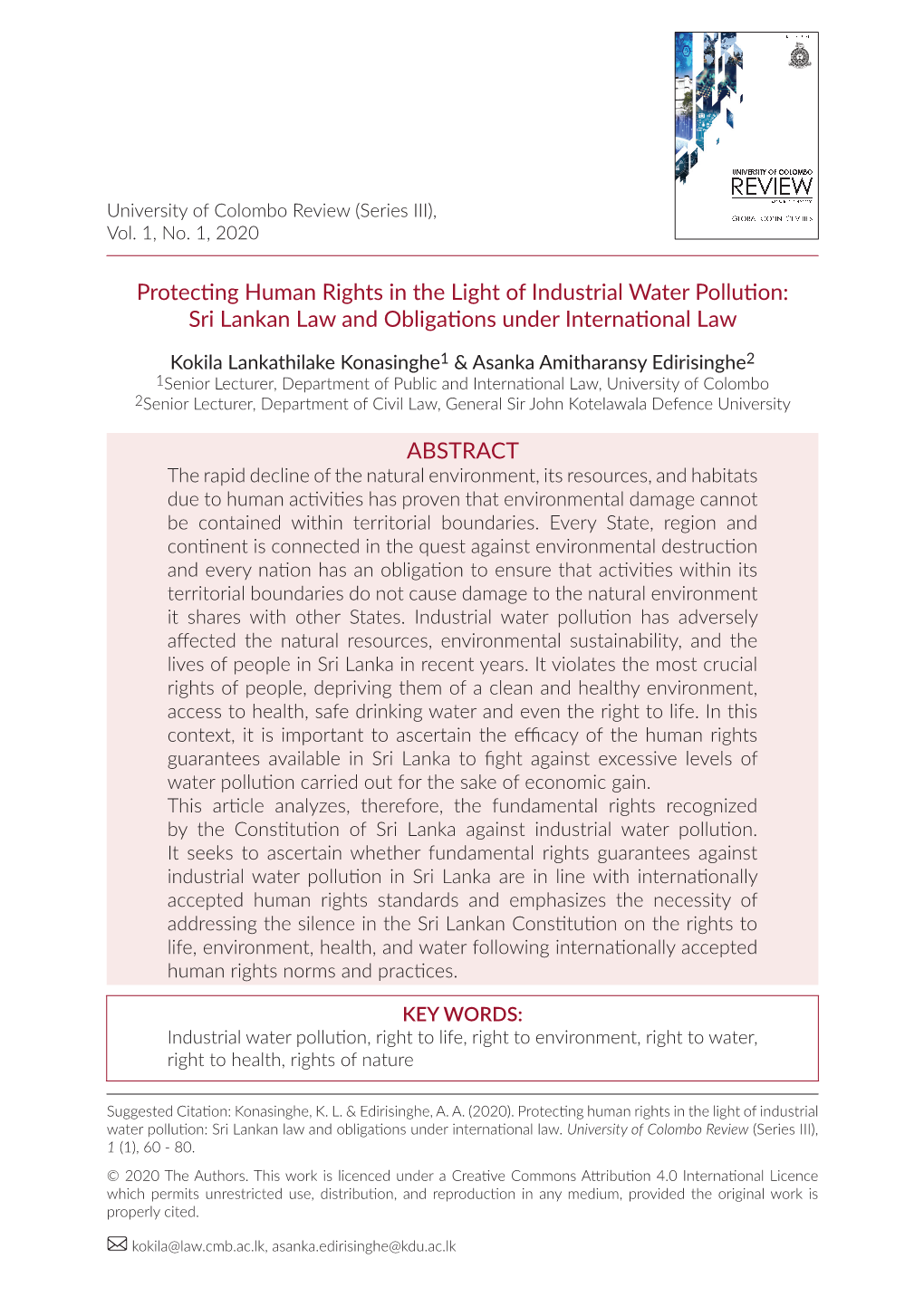 Protecting Human Rights in the Light of Industrial Water Pollution: Sri Lankan Law and Obligations Under International Law