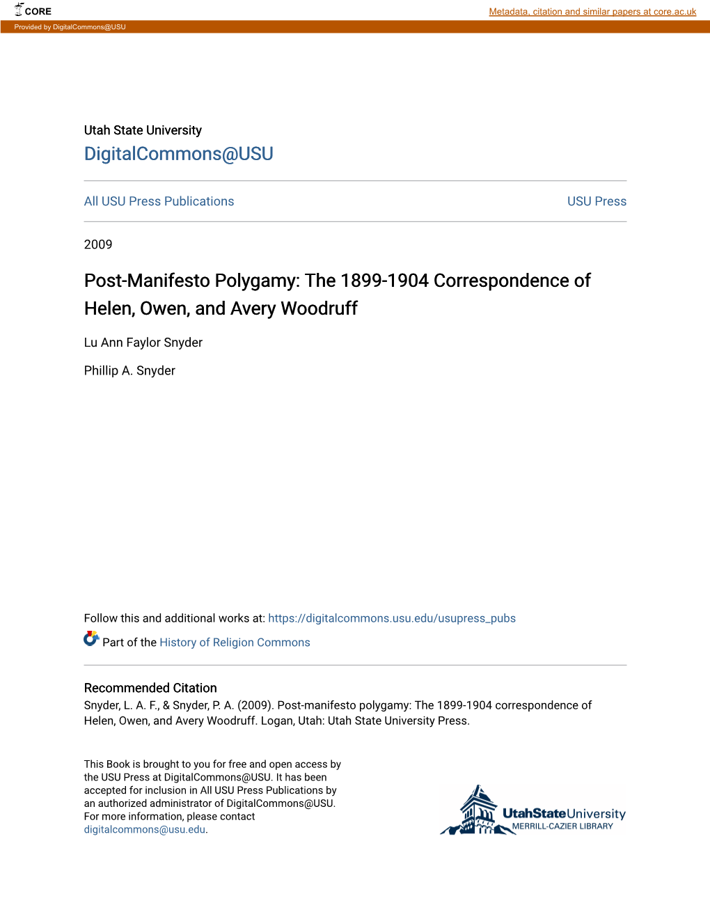 Post-Manifesto Polygamy: the 1899-1904 Correspondence of Helen, Owen, and Avery Woodruff