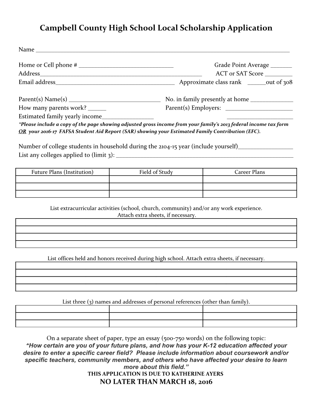 Campbell County High School Local Scholarship Application