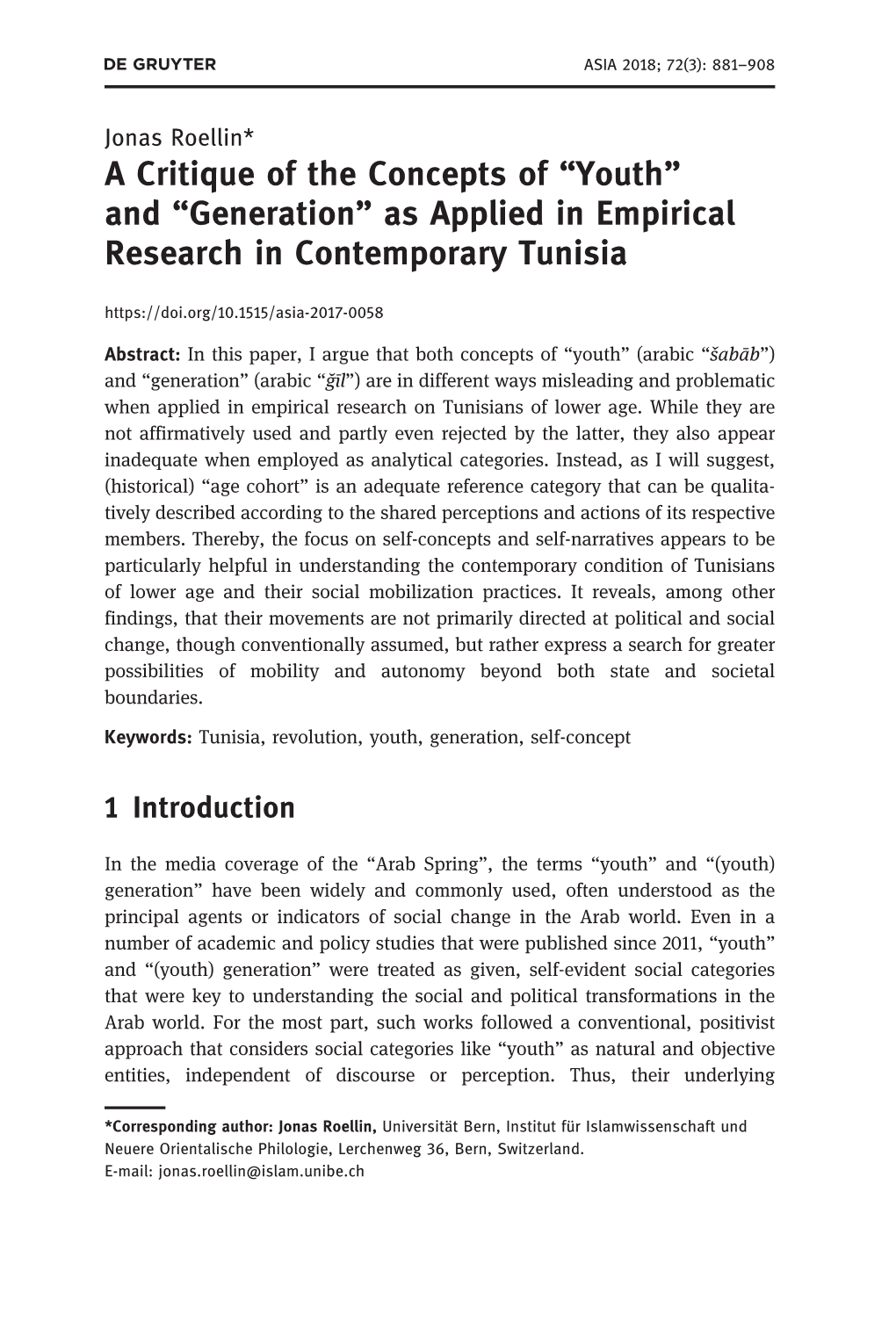 A Critique of the Concepts of “Youth” and “Generation” As Applied in Empirical Research in Contemporary Tunisia