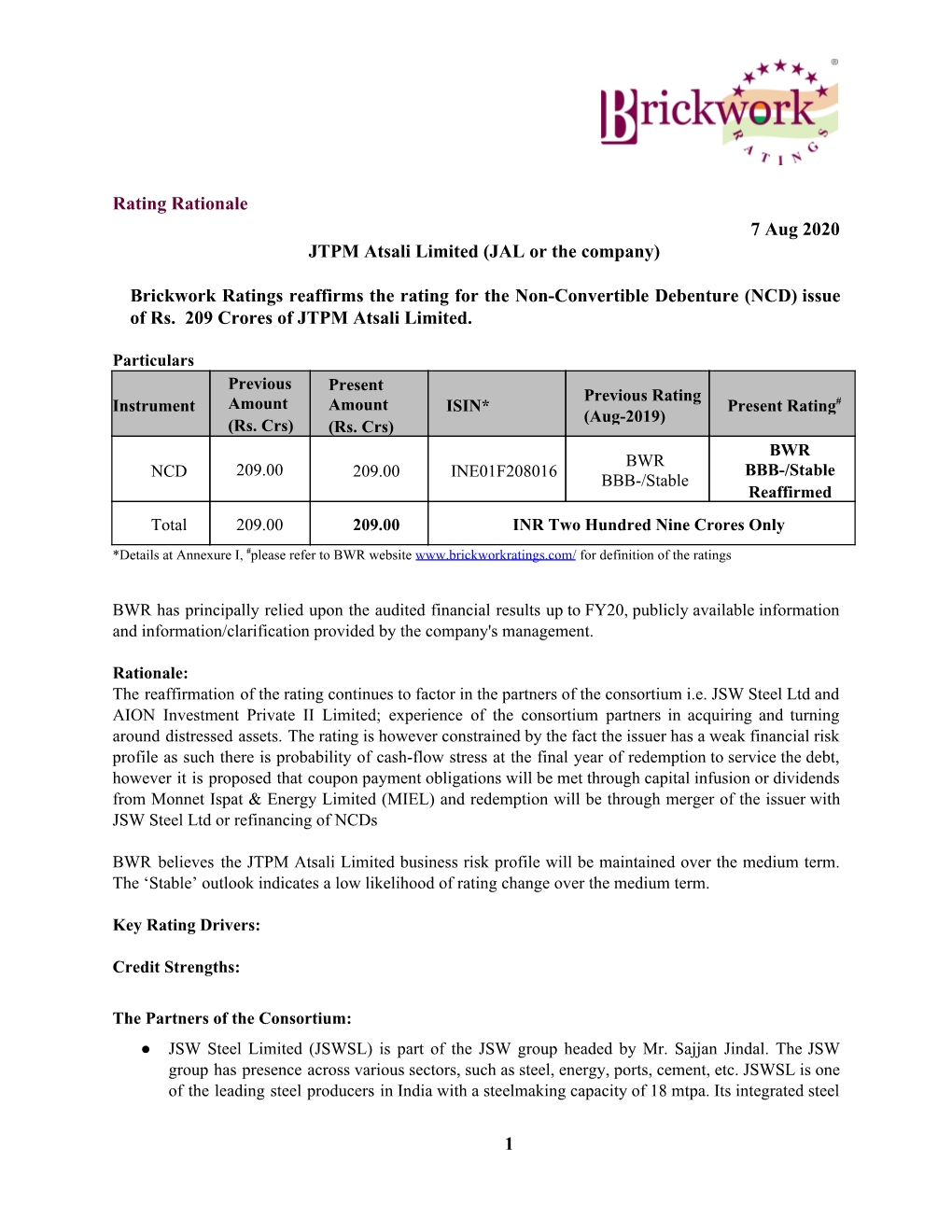 Rating Rationale 7 Aug 2020 JTPM Atsali Limited (JAL Or the Company)