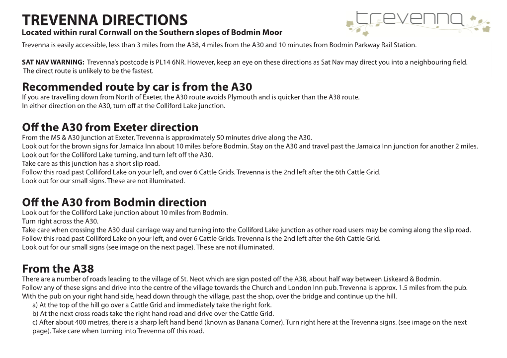 Trevenna Directions