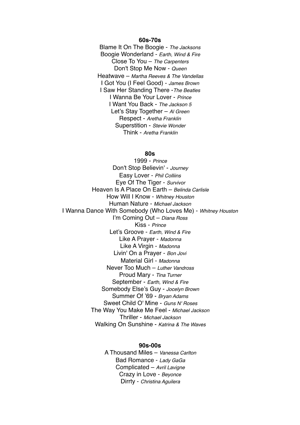 The Neotones Song List