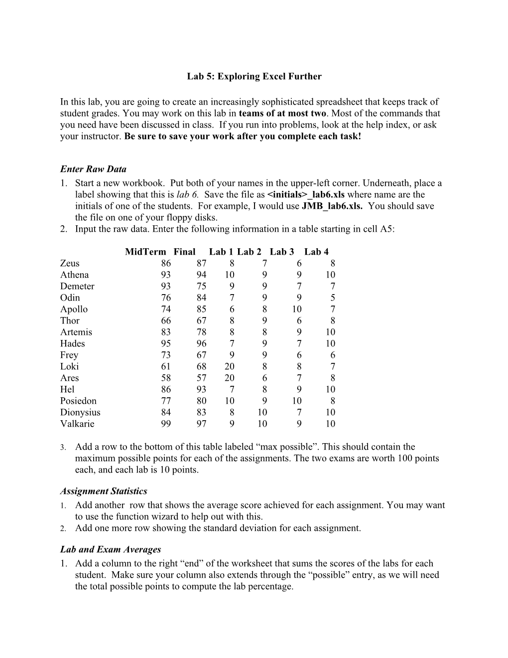 Lab 5: Exploring Excel Further