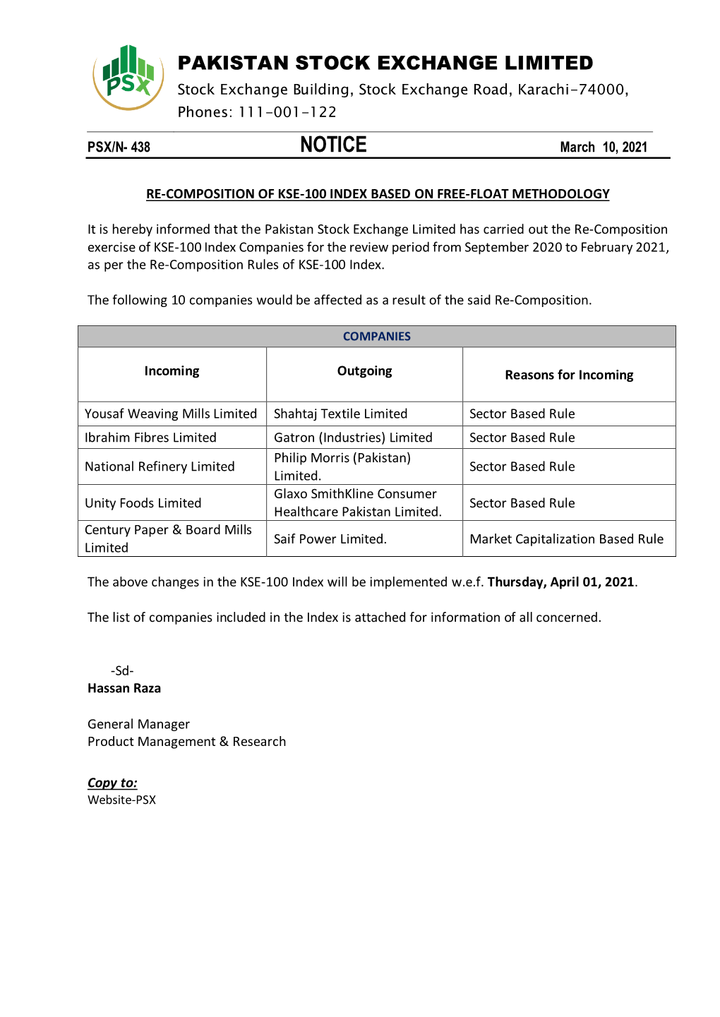 Recomposition of KSE-100 Index