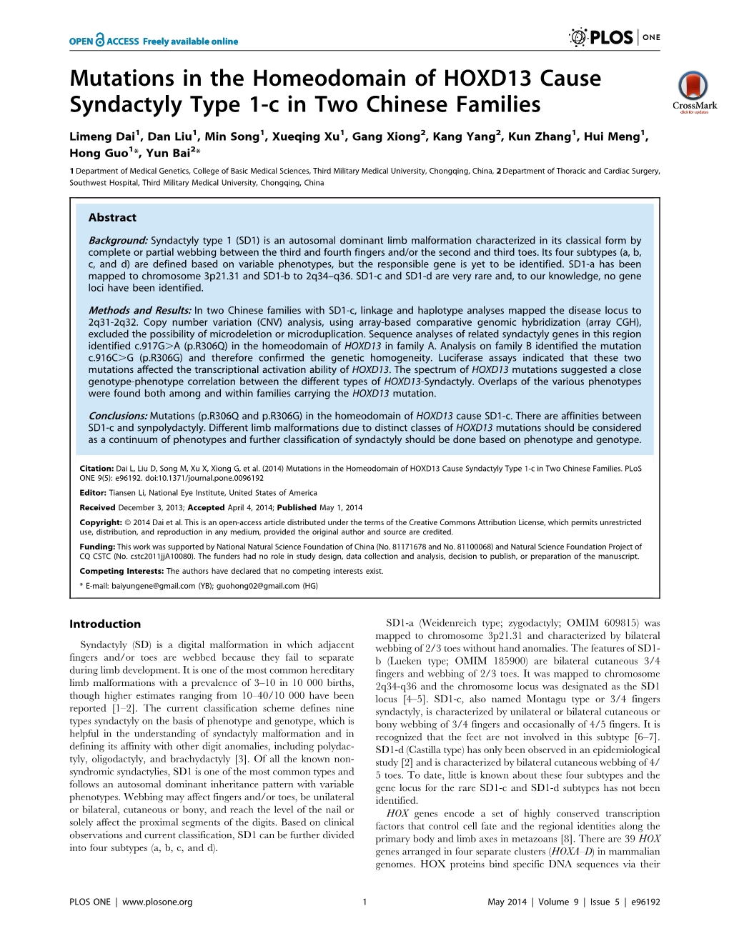 Mutations in the Homeodomain of HOXD13 Cause Syndactyly Type 1-C in Two Chinese Families