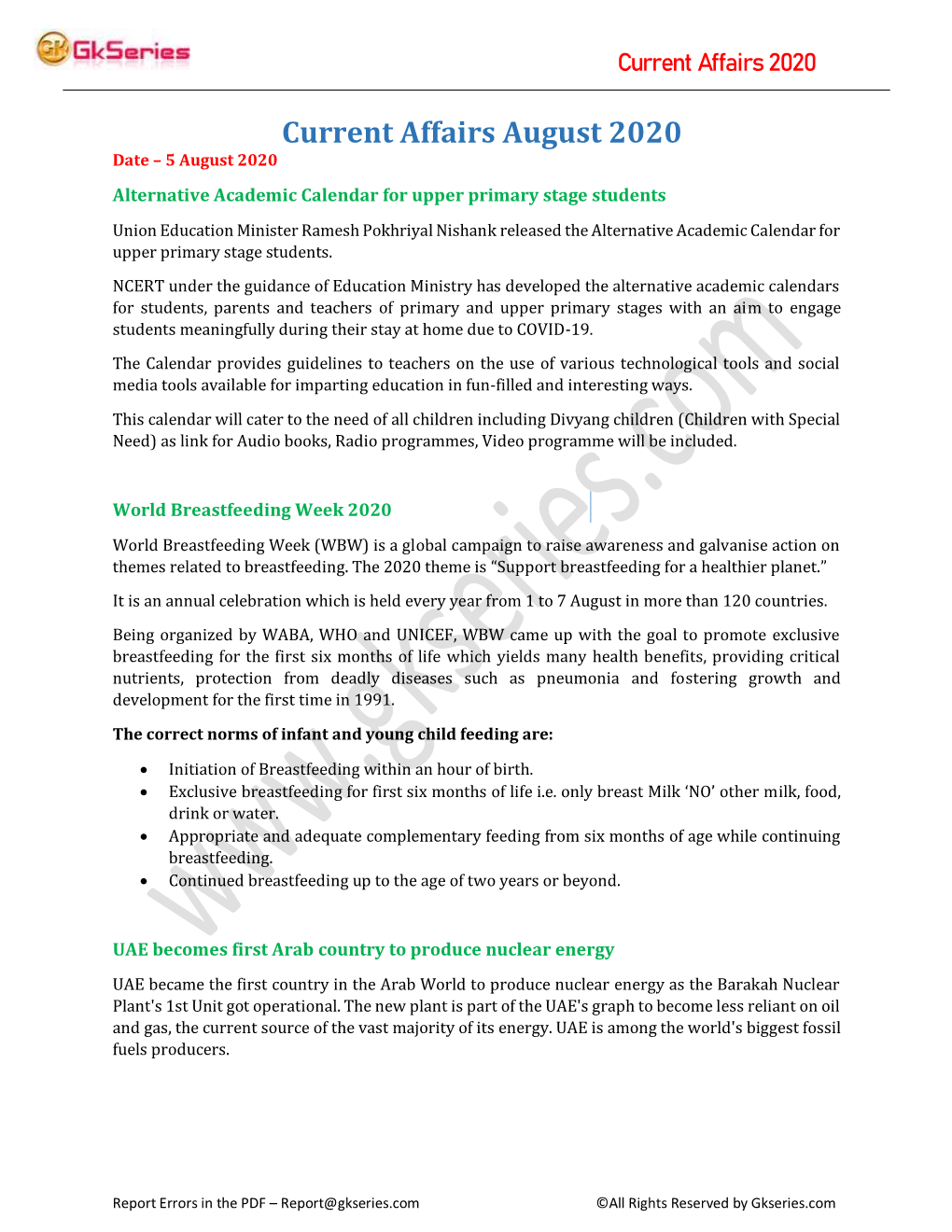 Current Affairs August 2020 Date – 5 August 2020 Alternative Academic Calendar for Upper Primary Stage Students