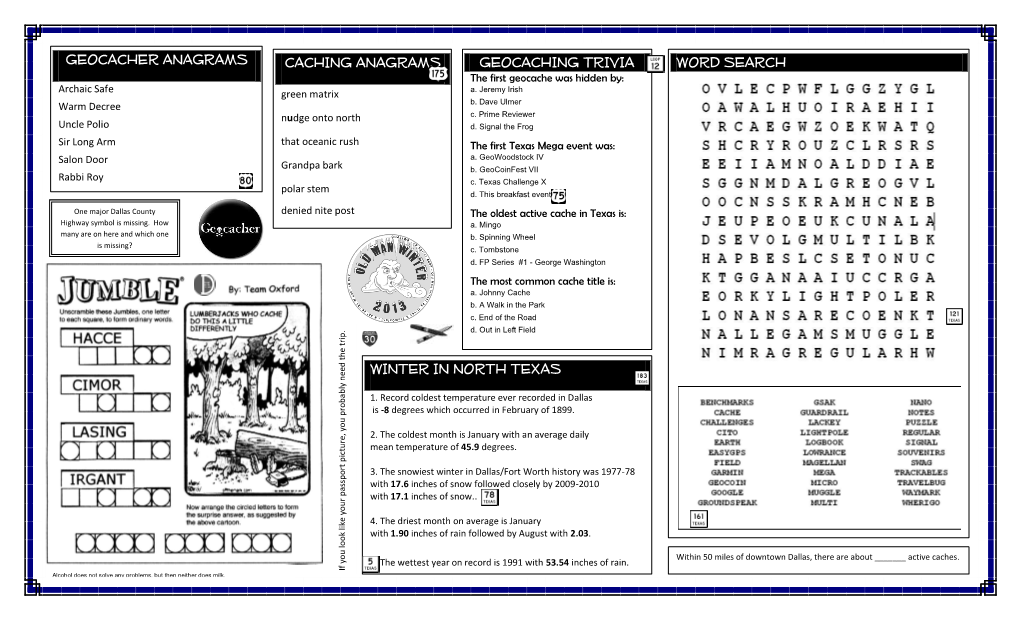 GEOCACHER ANAGRAMS CACHING ANAGRAMS GEOCACHING TRIVIA WORD SEARCH the First Geocache Was Hidden By: A