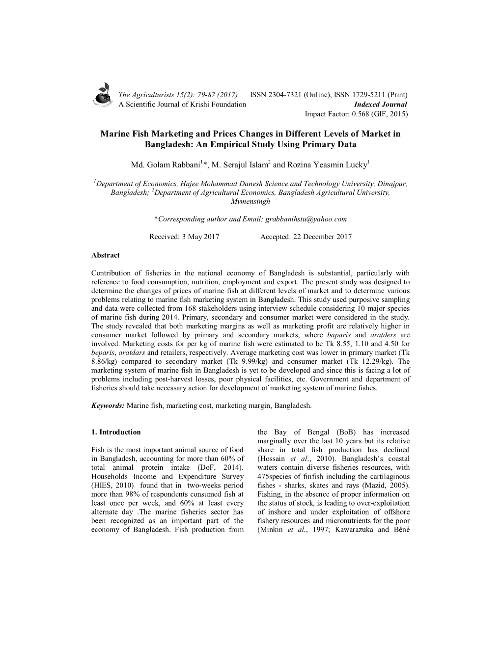 Marine Fish Marketing and Prices Changes in Different Levels of Market in Bangladesh: an Empirical Study Using Primary Data