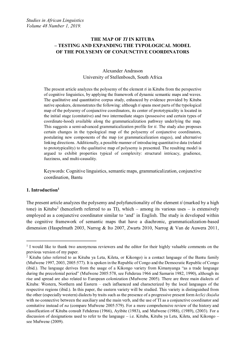 Studies in African Linguistics Volume 48 Number 1, 2019. the MAP OF