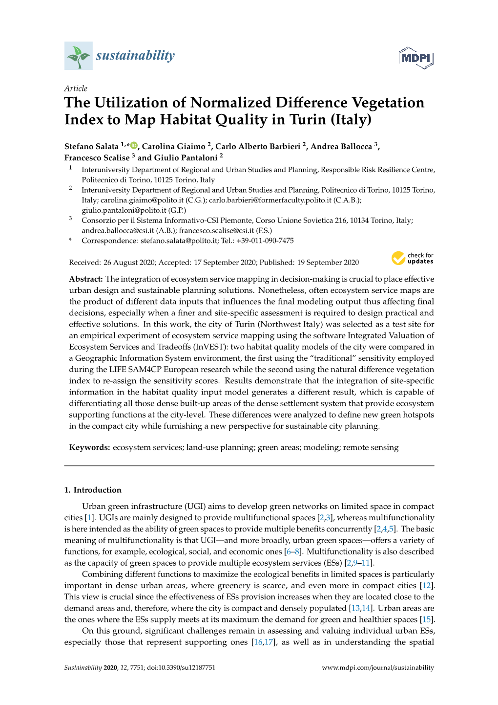 The Utilization of Normalized Difference Vegetation Index to Map Habitat Quality in Turin