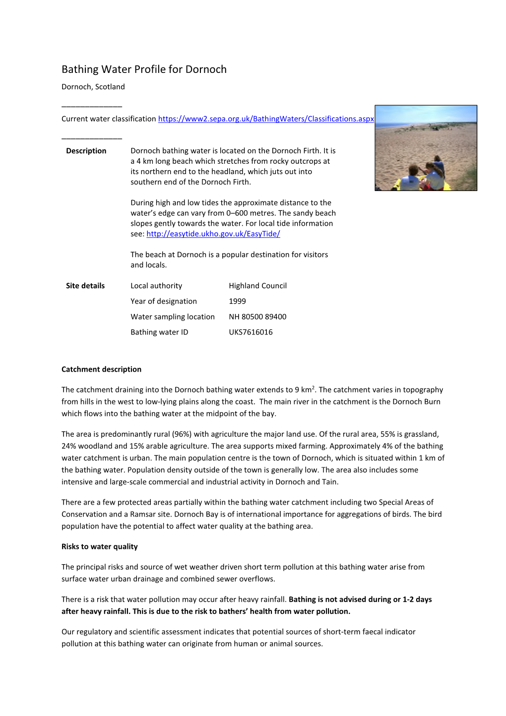 Bathing Water Profile for Dornoch