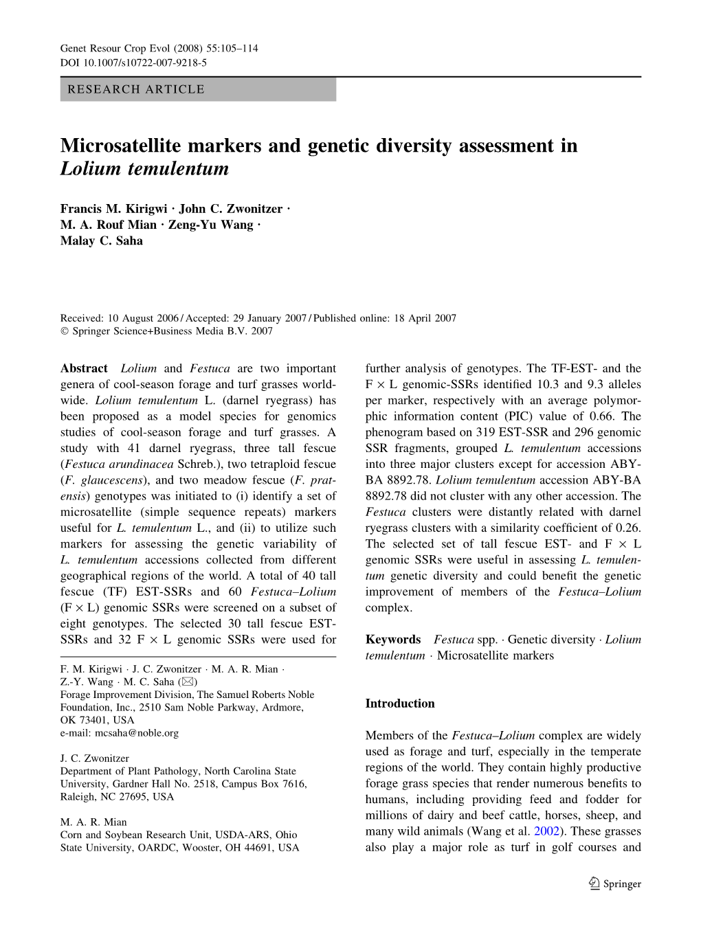 Microsatellite Markers and Genetic Diversity Assessment in Lolium Temulentum
