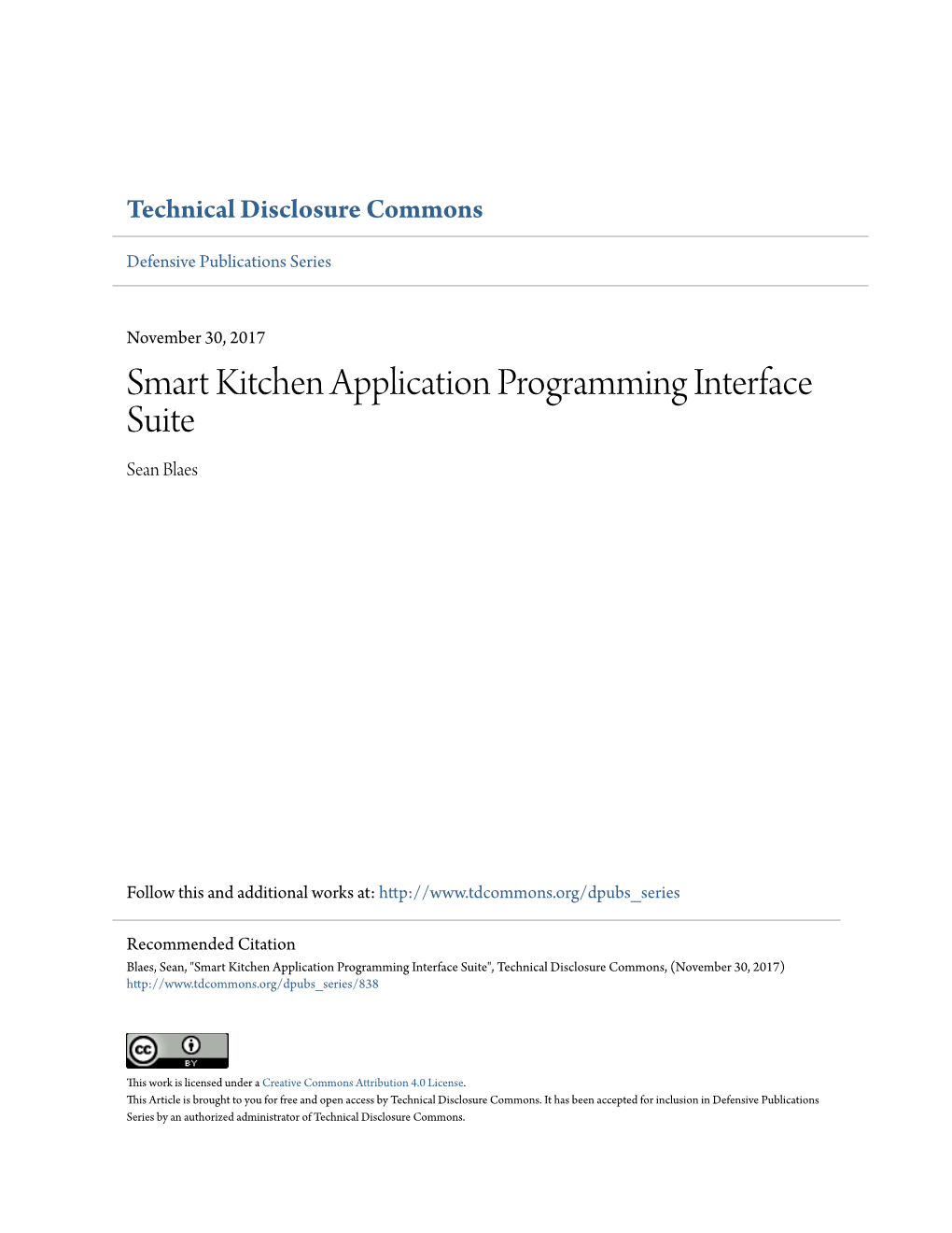 Smart Kitchen Application Programming Interface Suite Sean Blaes