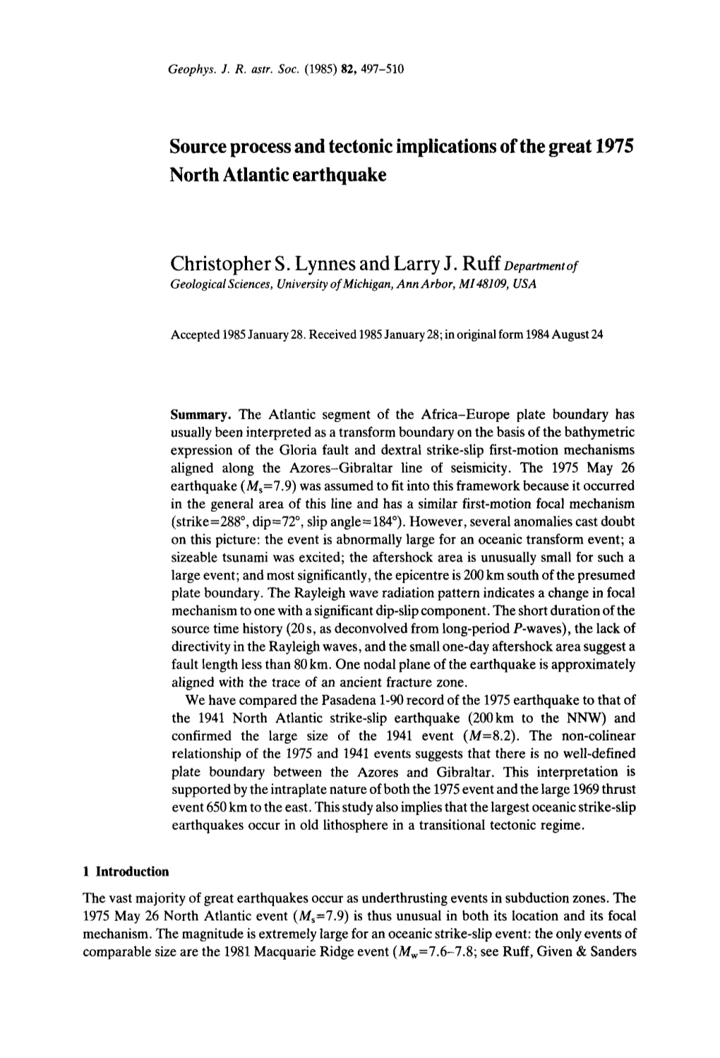 Source Process and Tectonic Implications of the Great 1975 North Atlantic Earthquake