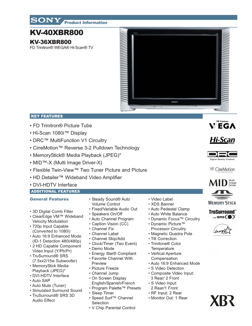 KV-40XBR800 KV-36XBR800 FD Trinitron® WEGA® Hi-Scan® TV