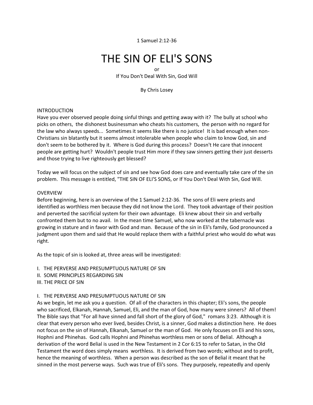 THE SIN of ELI's SONS Or If You Don't Deal with Sin, God Will