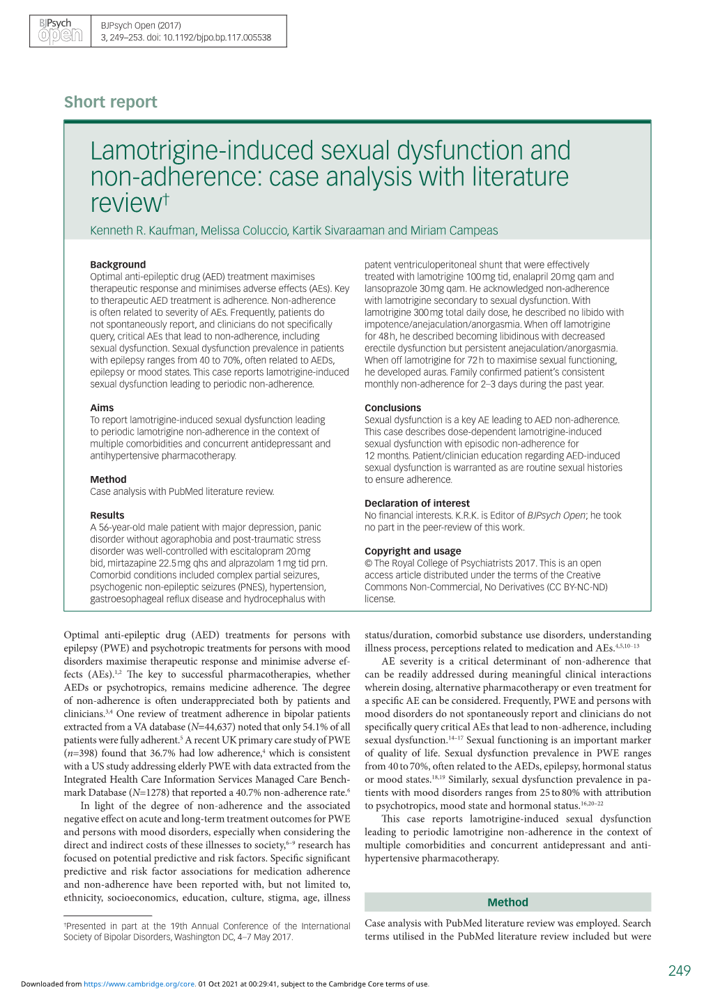 Lamotrigine-Induced Sexual Dysfunction and Non-Adherence: Case Analysis with Literature Review† Kenneth R