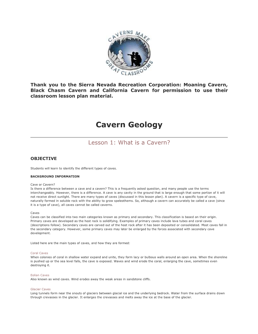 Cavern Geology Lesson Plan 1