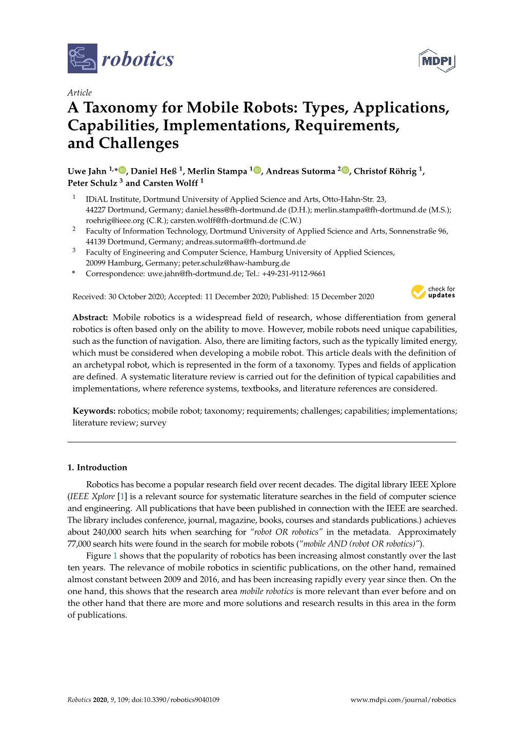 A Taxonomy for Mobile Robots: Types, Applications, Capabilities, Implementations, Requirements, and Challenges