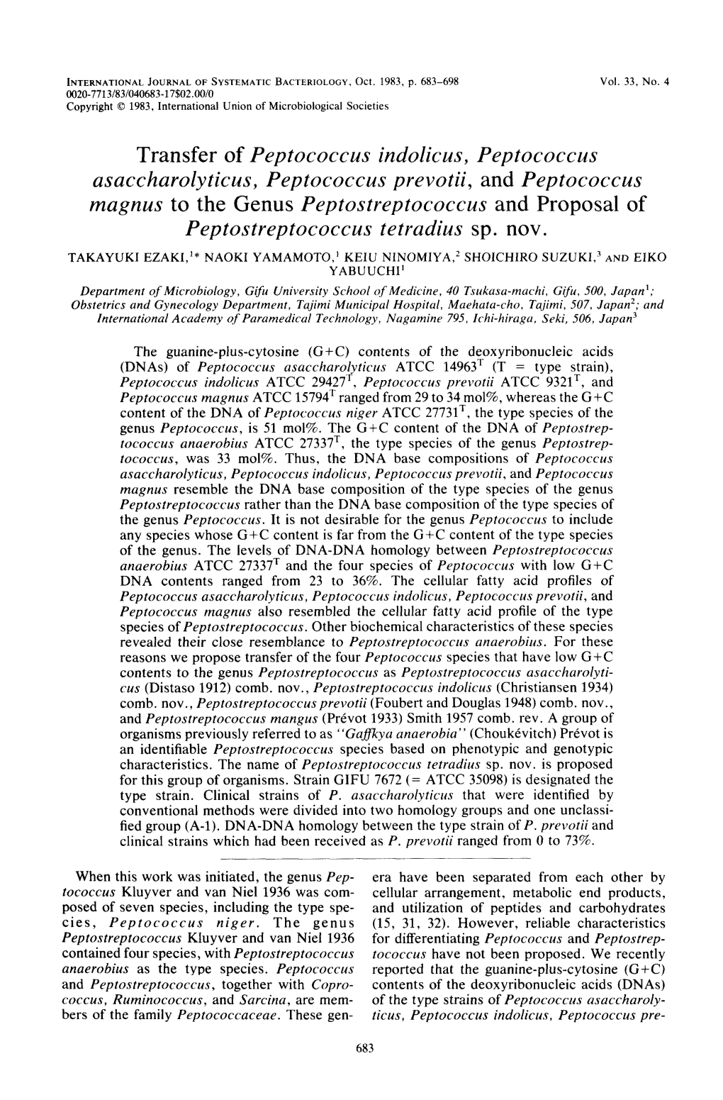 Transfer of Peptococcus Indolicus, Asaccharolyticus, Peptococcus