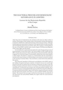 THE ELECTORAL PROCESS and DEMOCRATIC GOVERNANCE in LESOTHO Lessons for the Democratic Republic of the Congo