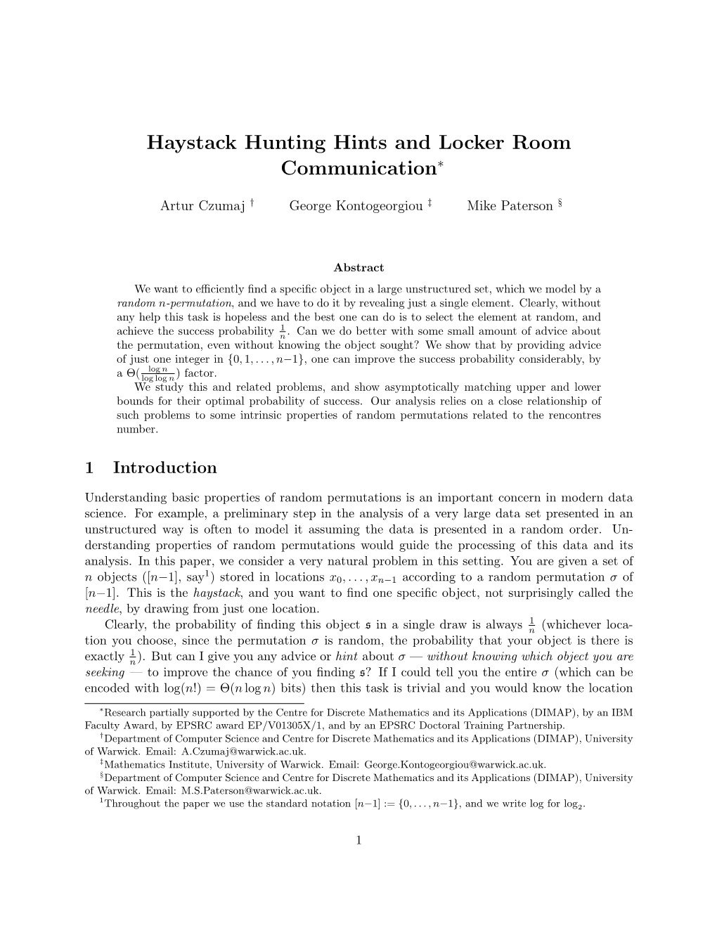 Haystack Hunting Hints and Locker Room Communication∗