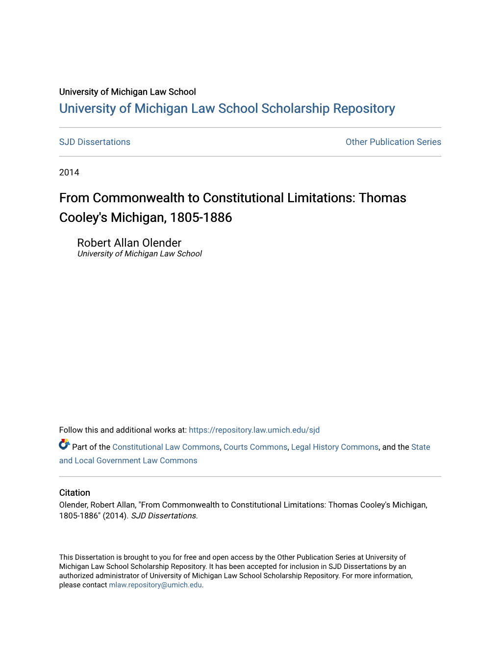 From Commonwealth to Constitutional Limitations: Thomas Cooley's Michigan, 1805-1886