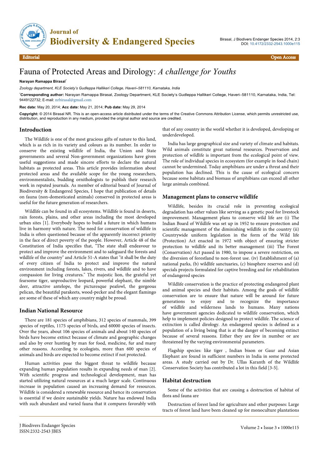 Fauna of Protected Areas and Dirology