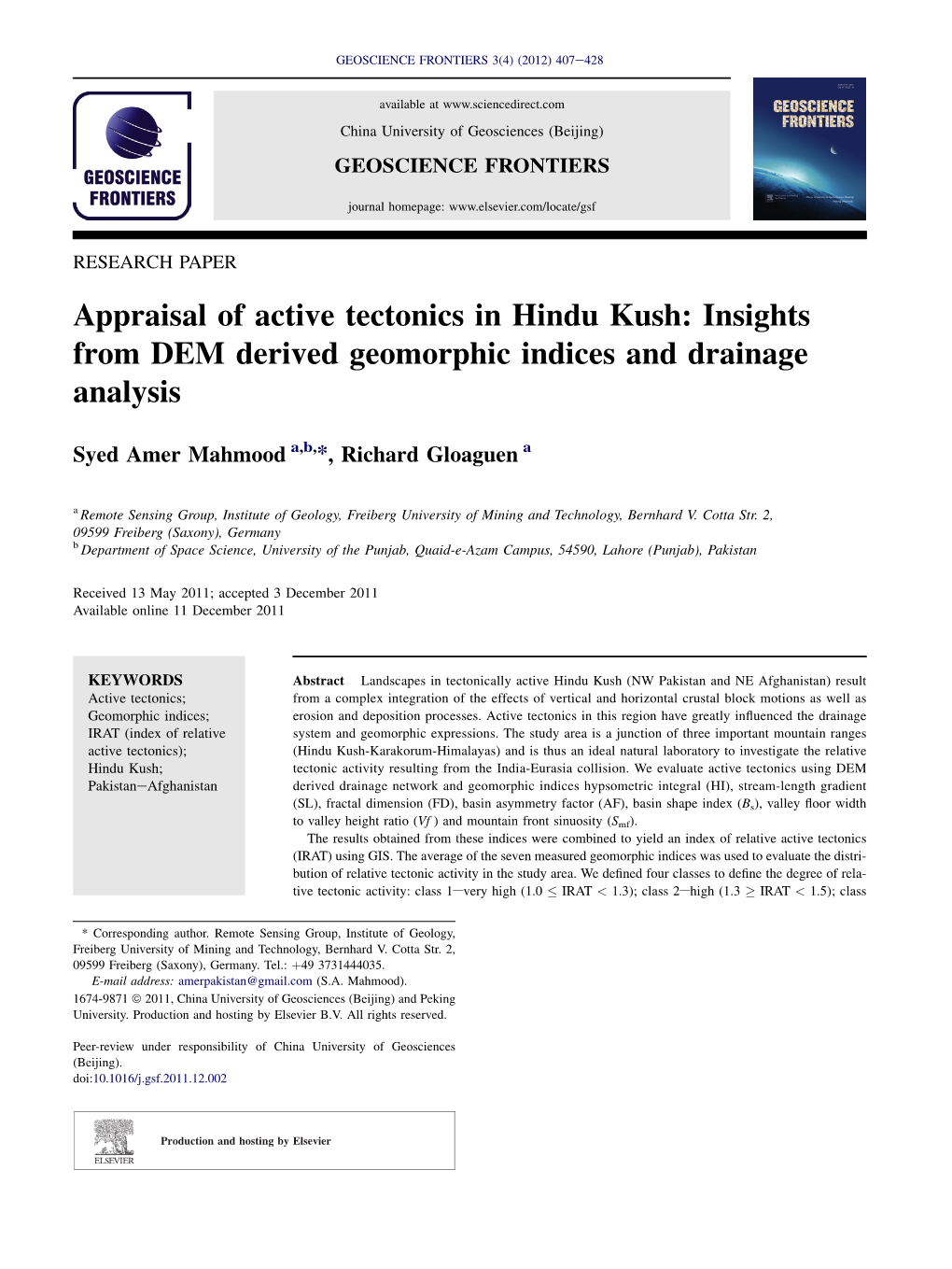 Appraisal of Active Tectonics in Hindu Kush: Insights from DEM Derived Geomorphic Indices and Drainage Analysis