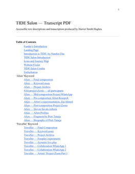 TIDE Salon — Transcript PDF Accessible Text Descriptions and Transcription Produced by Harriet Smith Hughes