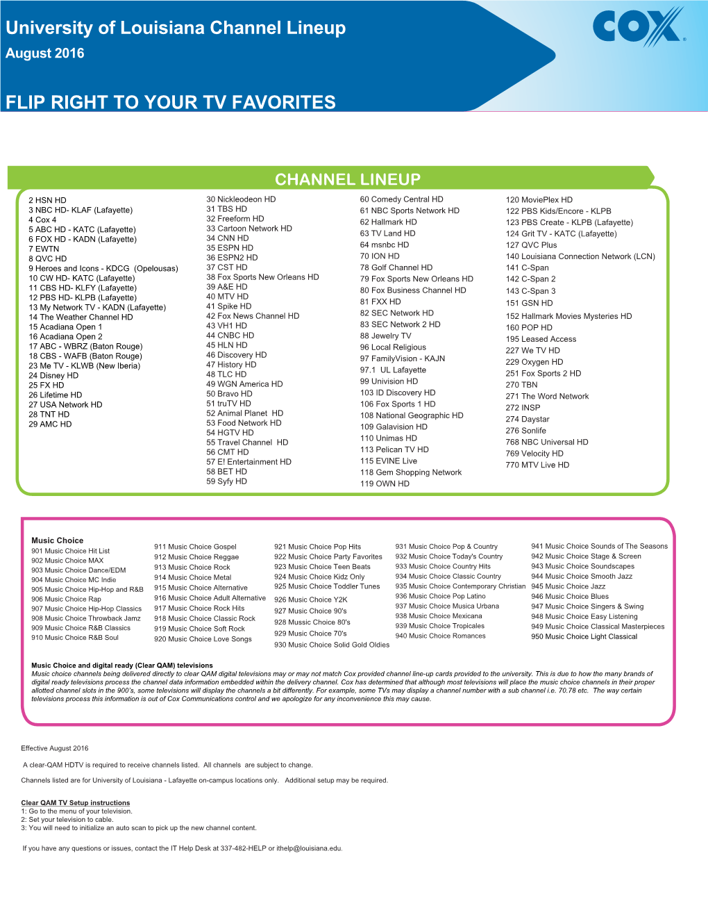 University of Louisiana Channel Lineup August 2016