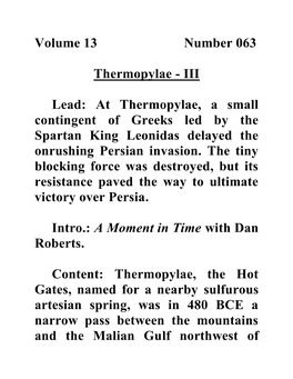 III Lead: at Thermopylae, a Small Contingent of Greeks Led by the Spartan King Leonidas Delay