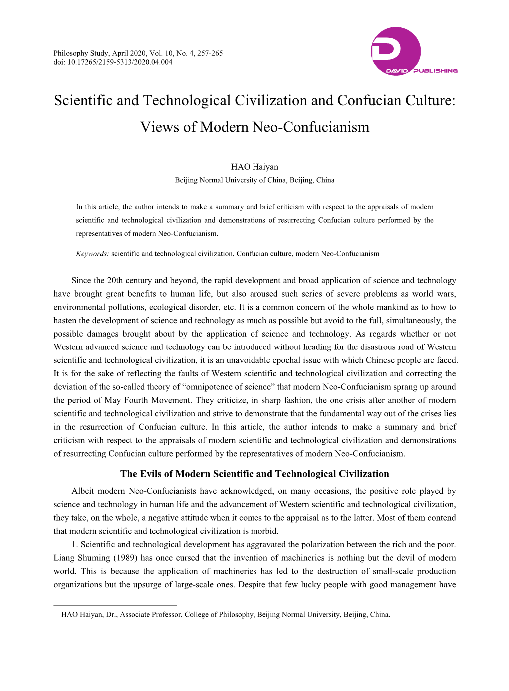 Scientific and Technological Civilization and Confucian Culture: Views of Modern Neo-Confucianism