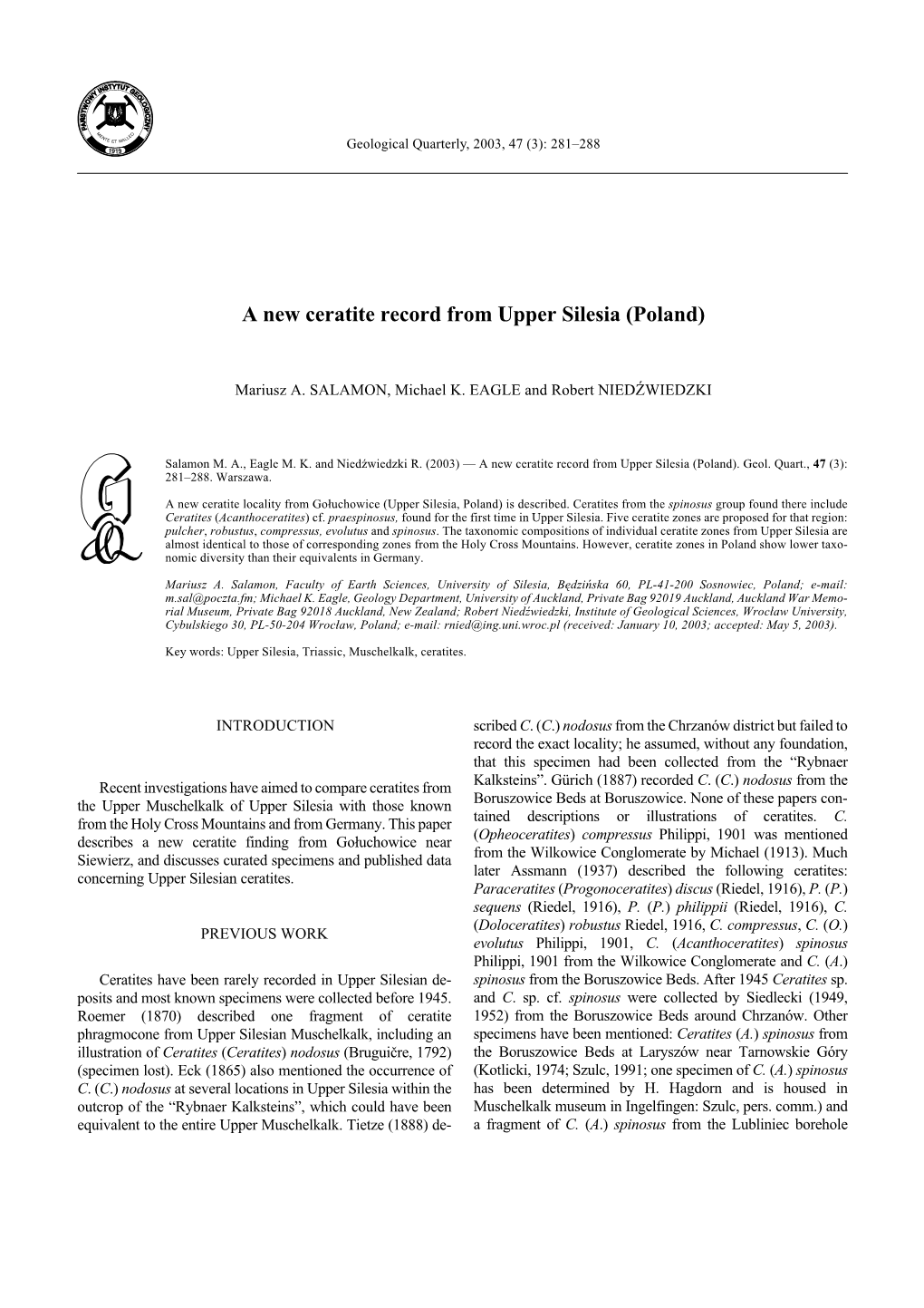 A New Ceratite Record from Upper Silesia (Poland)