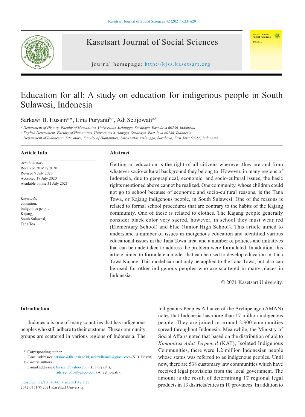 A Study on Education for Indigenous People in South Sulawesi, Indonesia